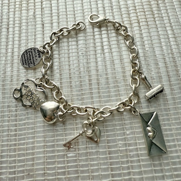 Silver Charm Bracelet with Heart and Key Charms - Picture 1 of 10